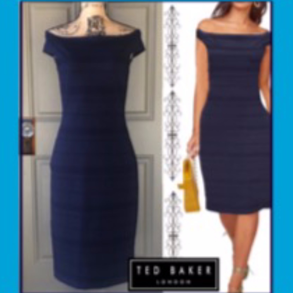 TED BAKER Size 8 STRIPE TEXTURE BARDOT DRESS $295